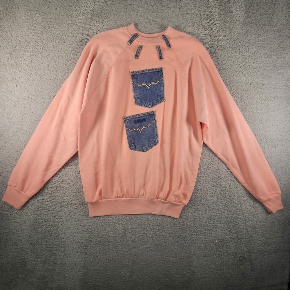 Vtg Crew Neck Sweatshirt Womens XL Pink Denim Pocket Graphic Novelty 90s Retro